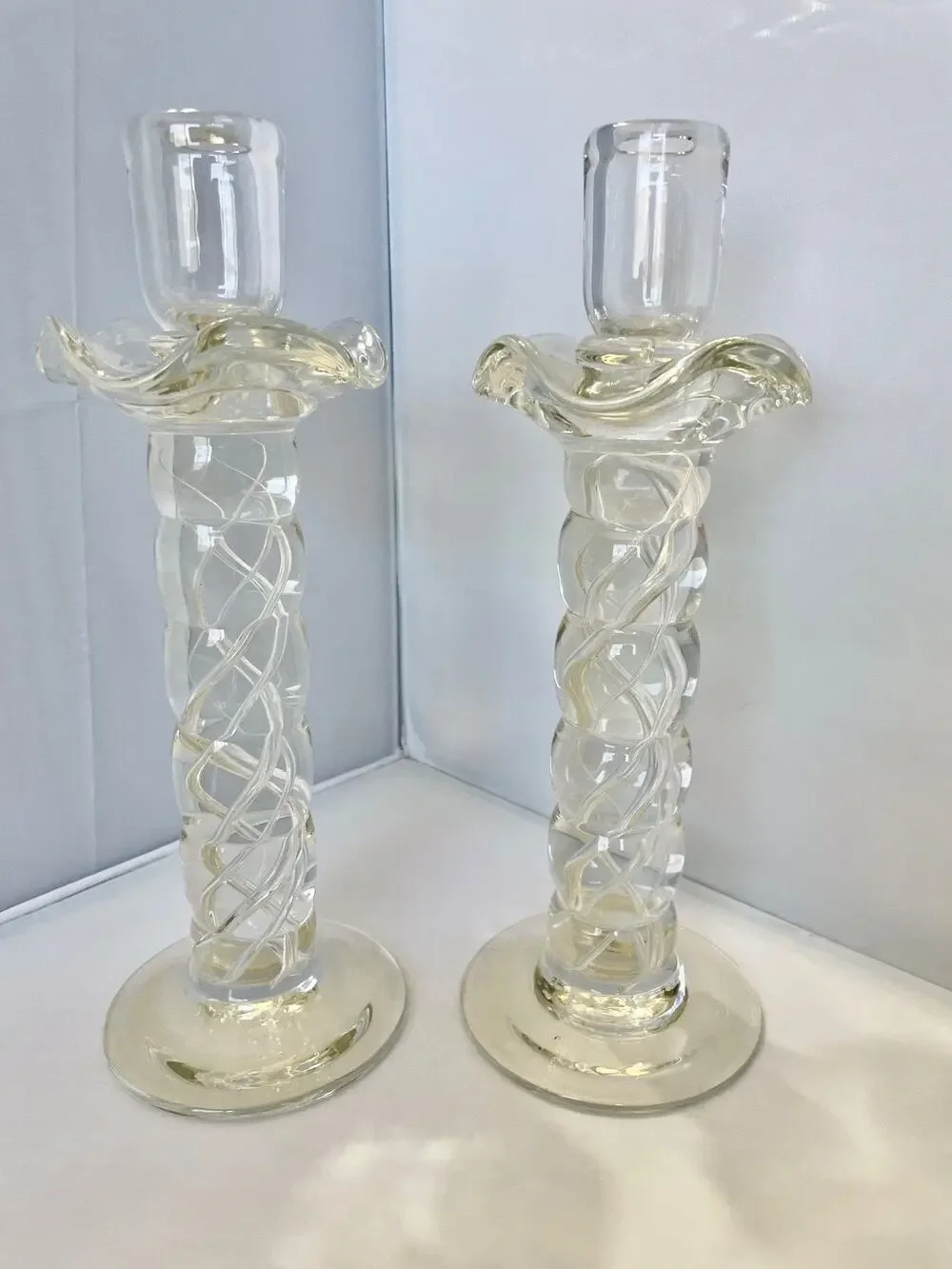 Murano Clear Crystal Glass Air Twist Stem Candlestick Holders